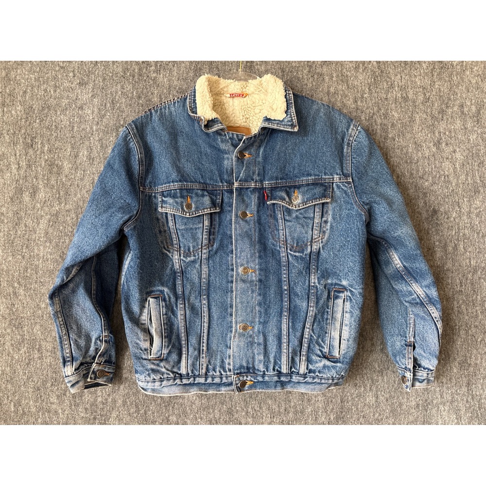 Levis Jinglers Sherpa Lined Denim Trucker Jacket Mens Medium Blue Wash Vintage